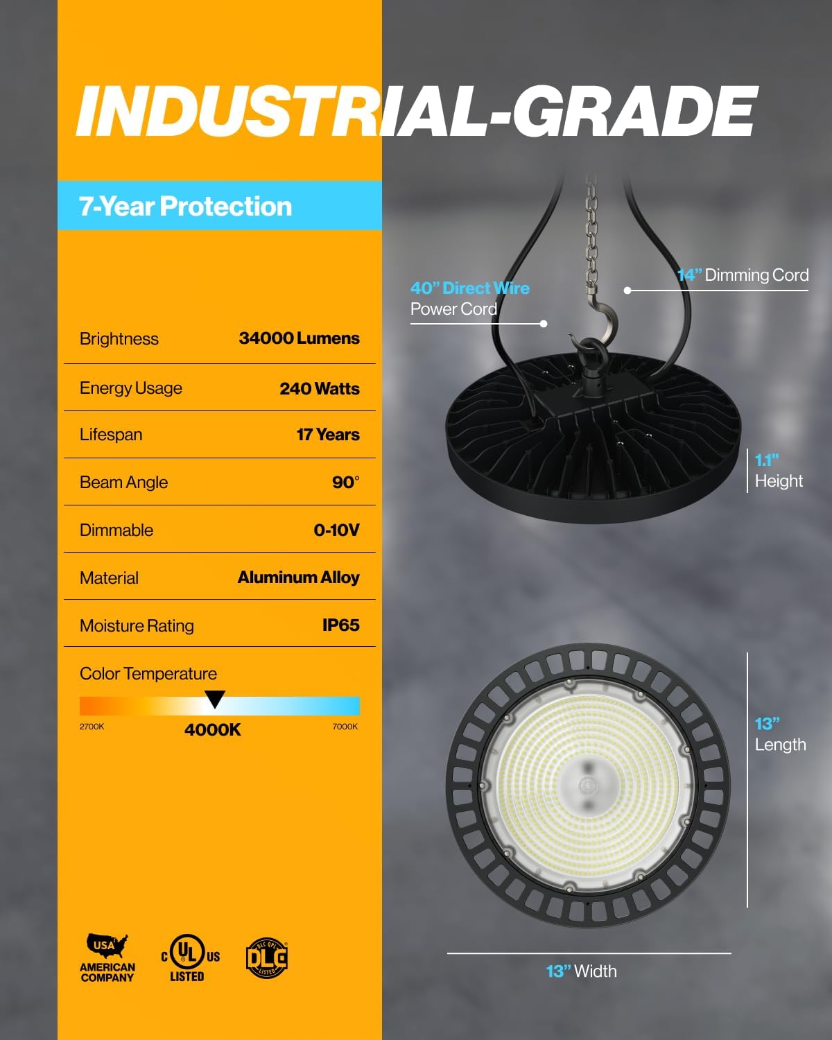 Sunco UFO LED High Bay Light, Lighting for Warehouse, 4000K Cool White, 240W, 34800 LM, 100-277V, Dimmable 0-10V, IP65 Waterproof Weatherproof, Super