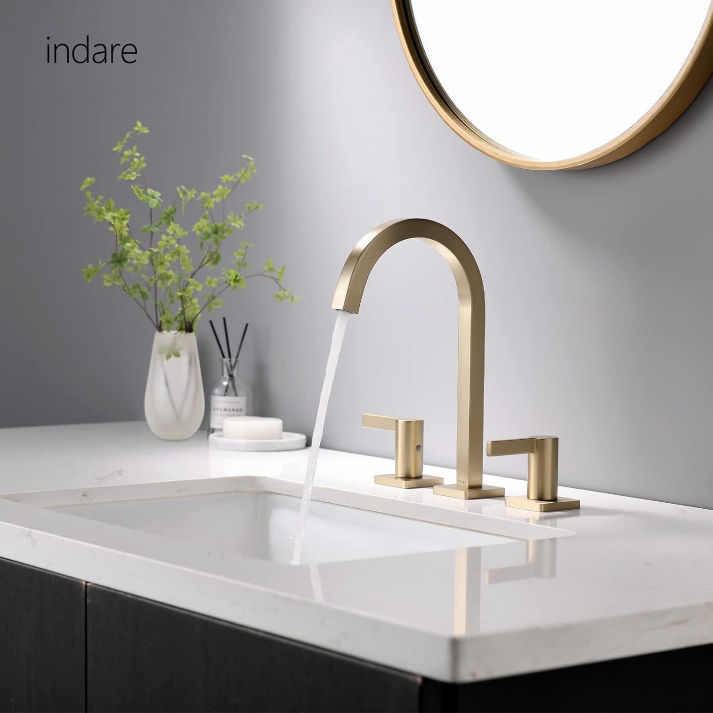 indare Brushed Gold Bathroom Faucet, 8 Inch Brass Widespread Bathroom Sink Faucet 3 Holes, Two Handles Bathroom Sink Faucet with Pop-Up Drain & Supp