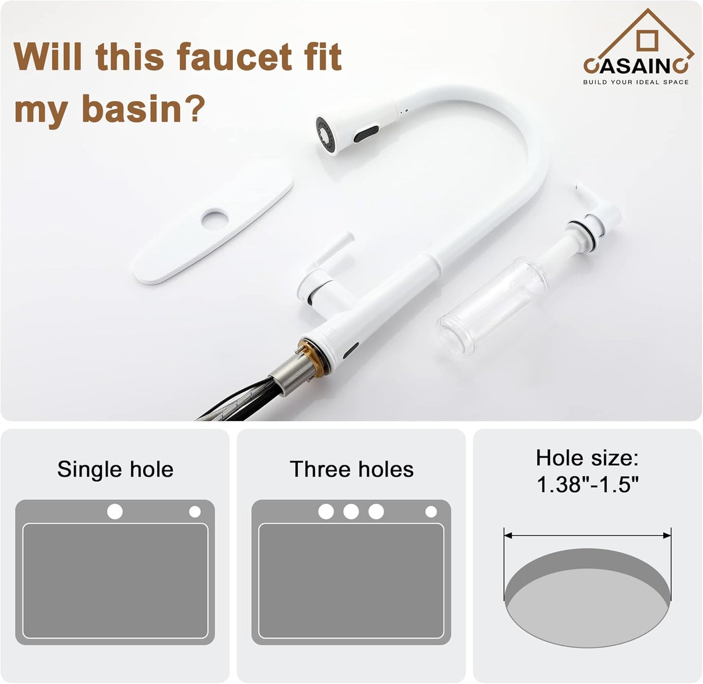 CASAINC Kitchen Faucet with Pull Down Sprayer Matte White with LED Function, 17.31in H Touchless 1.8 gpm Single Handle Kitche