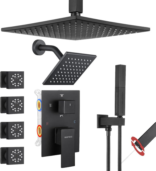 Comprehensive Shower System, Matte Black, 2 Shower Heads, Handheld, 4 Auxiliary Heads, 1913P4C-06Y8