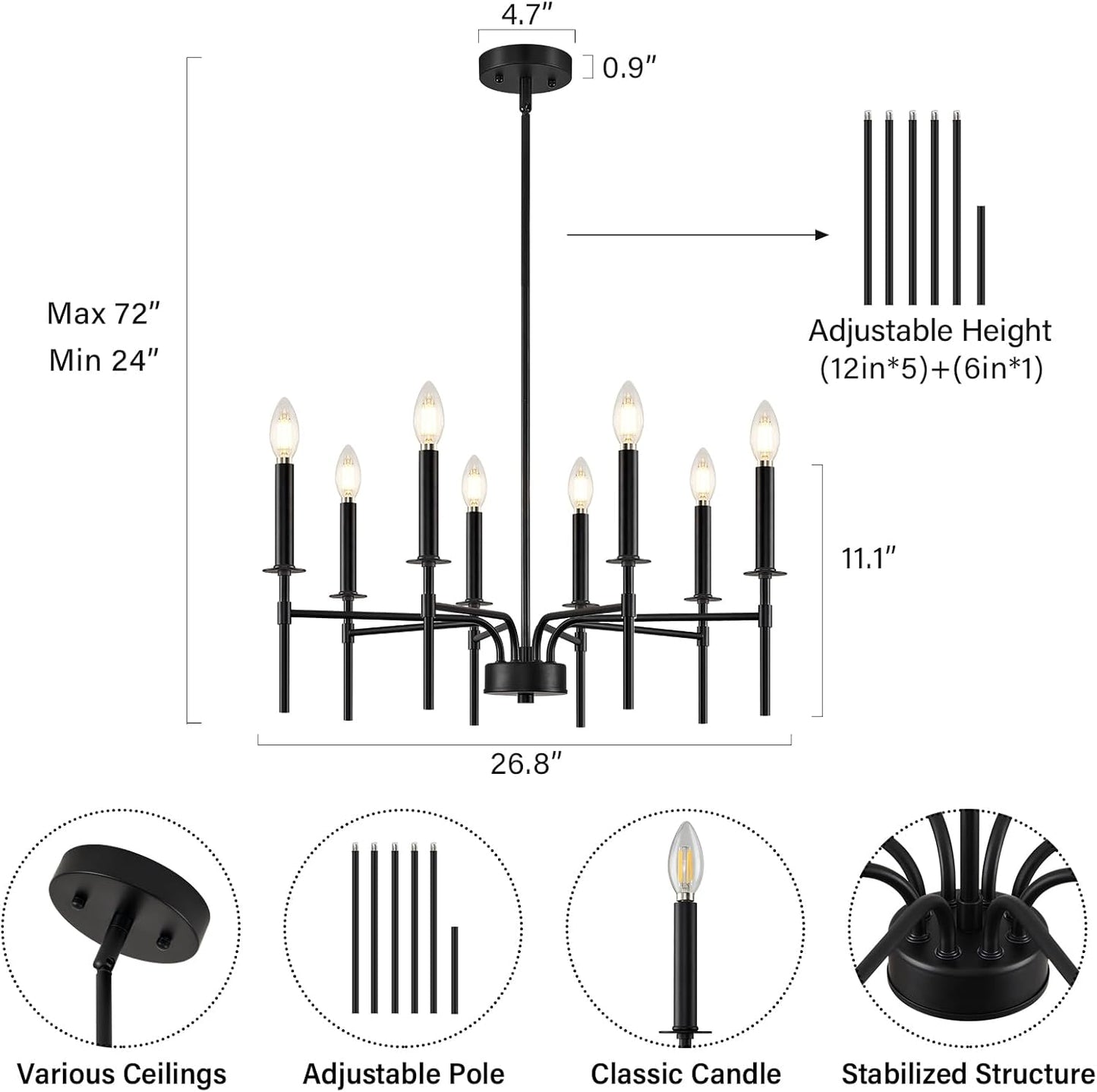 ZUYURT 8 Light Modern Black Chandelier Light Fixture,Farmhouse Chandeliers for Dining Room Lighting Fixtures Over Table,Round Iron Candle Chandelier