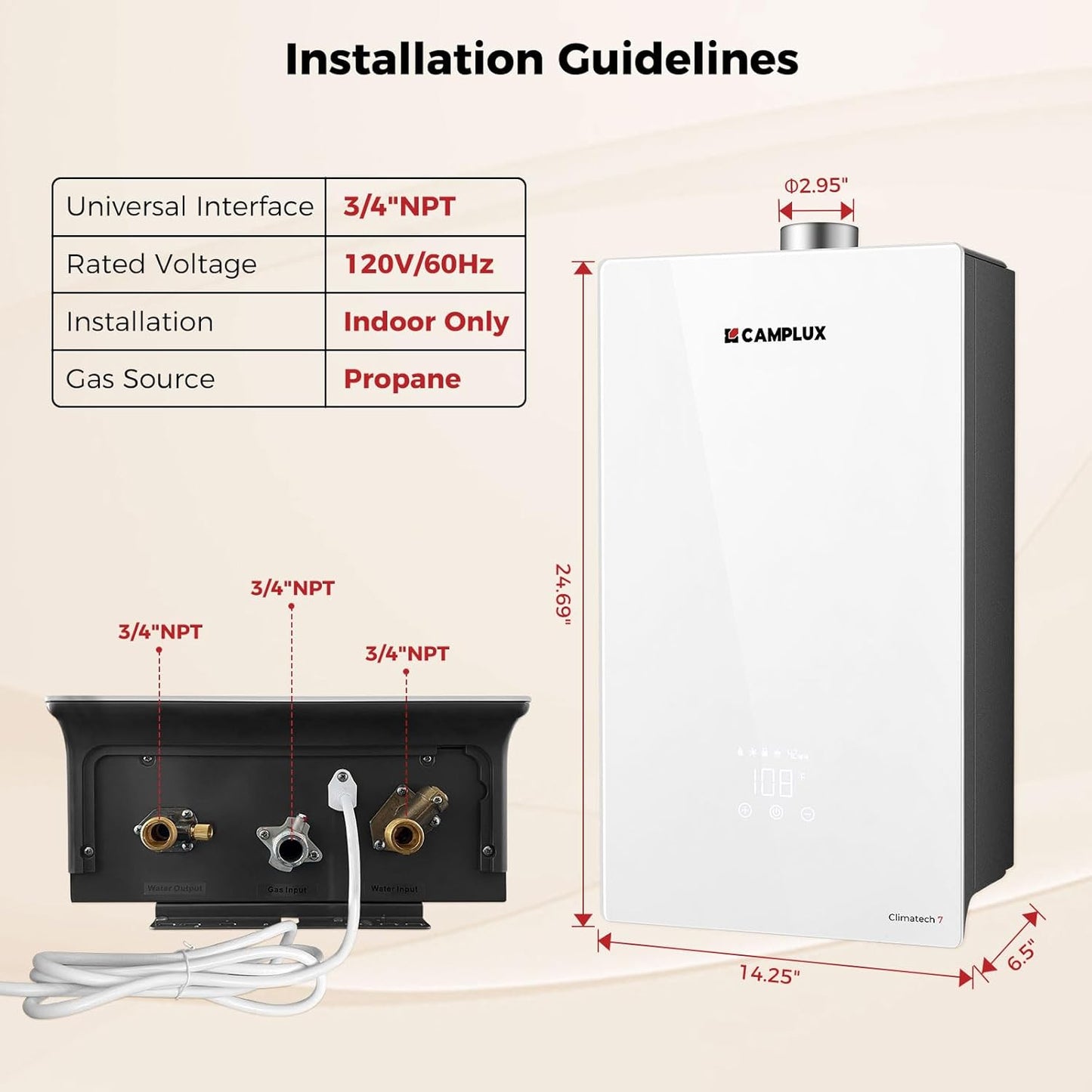 Tankless Water Heater Propane, Instant Hot Water Heater Liquid Propane Gas 5.28 GPM, Tankless Hot Water Heaters Gas 132,000 BTU, Indoor Installation,