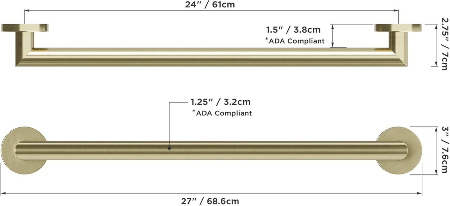 HEALTHCRAFT 24" Miter Grab Bar, ADA Compliant Bathroom Safety Bar, Stainless Steel Shower Handle, 500 lb Support, Modern Bathroom Rail for Shower, Tub & Toilet Wall (1, Gold Brushed, 24 Inch) Gold Brushed 24 Inch 1