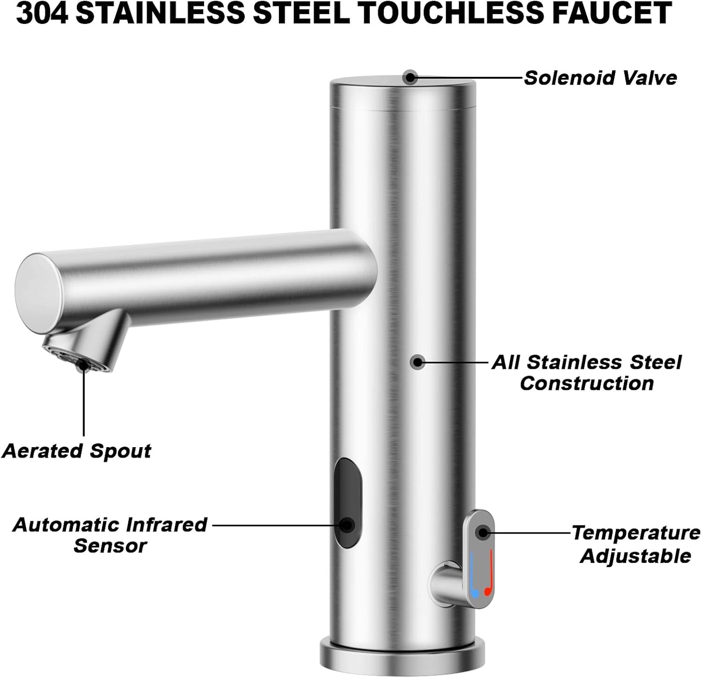 Stainless Steel Automatic Touchless Bathroom Sink Faucet, Hands Free Infrared Sensor Basin Faucet with Temperature