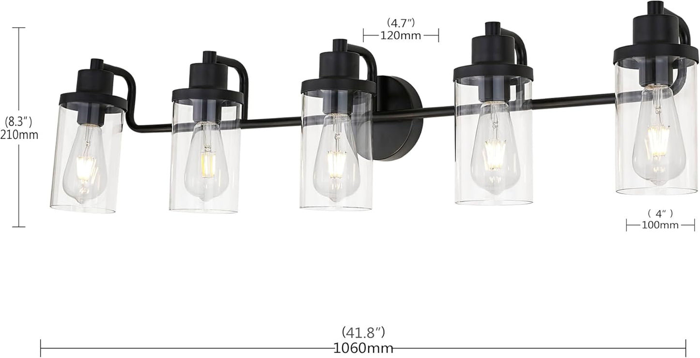 LUXEMI Bathroom Vanity Light with Clear Glass Shades,5-Light Bathroom Lights Over Mirror in Black Wall Sconces(Black, 5-Light) (5 Lights, Black)