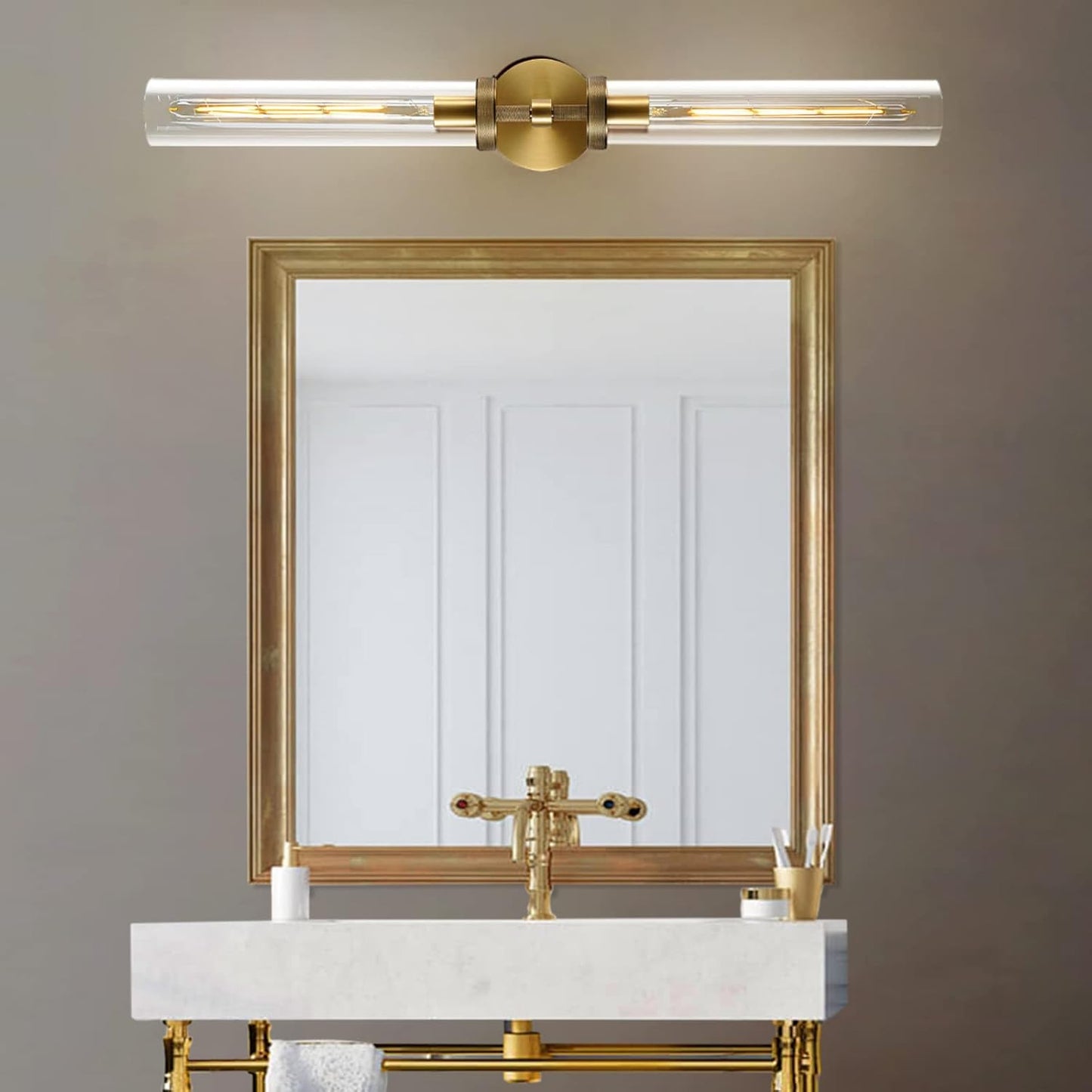 Double Lights Brass Wall Sconces, 30' Knurled Grand Linear Sconce Staircase Gold Sconces Wall Lighting Glass Bathroom Wall Sconces, Vanity Lighting