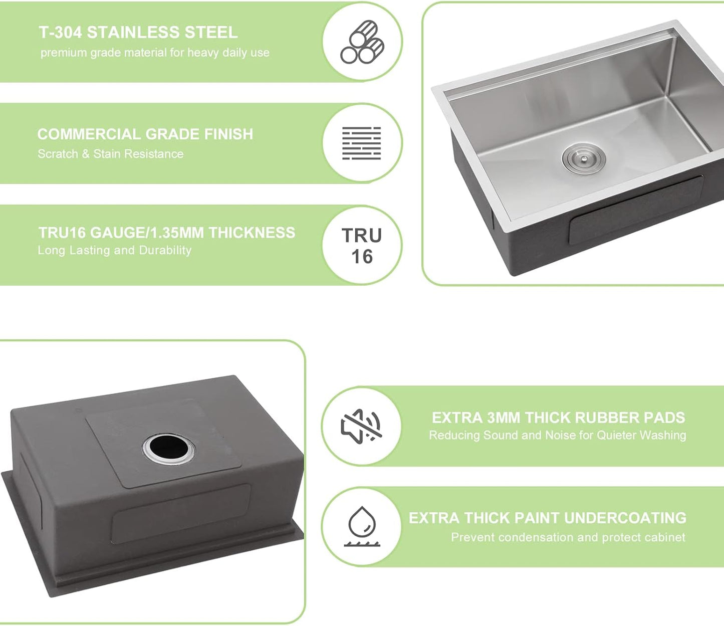 23 Inch Undermount Kitchen Sink Counter/Workstation, 16 Gauge Stainless Steel Single Bowl RV Sink