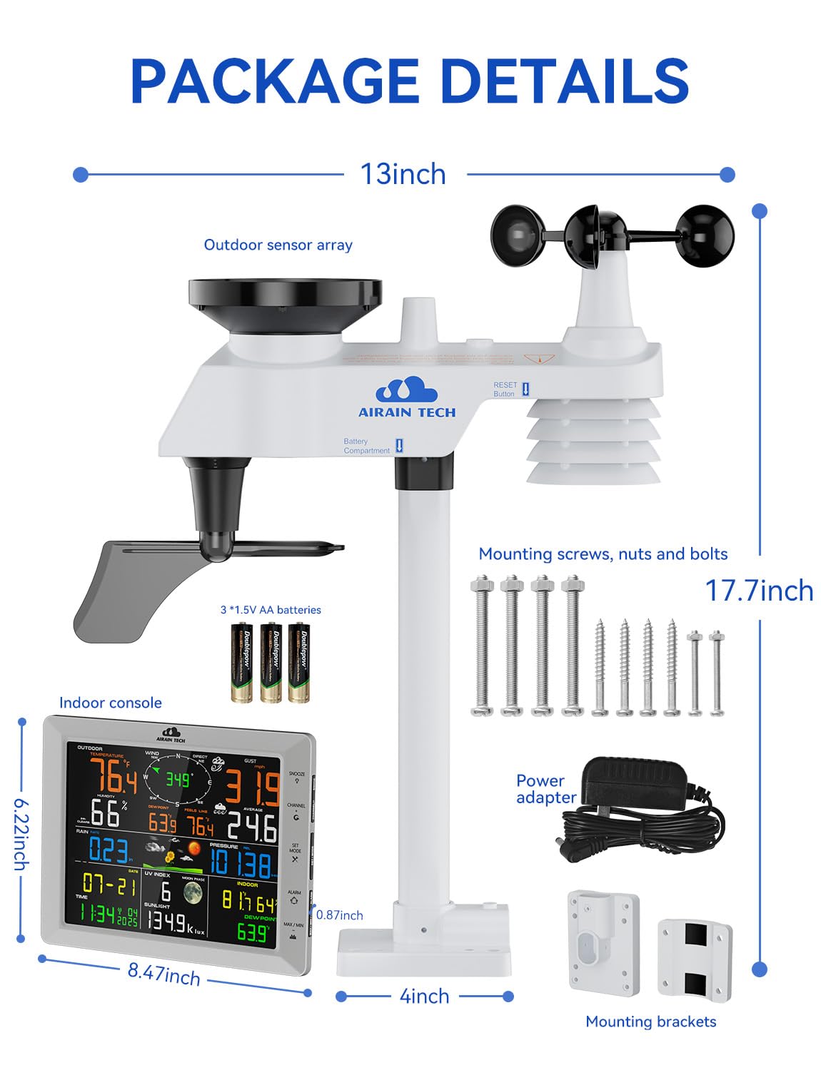 Wireless Weather Station with Outdoor Sensor, Rain Gauge, Wind Speed, Direction, Temperature & Humidity, Moon Phase, Chill Index, Dew Point, and Barometric Pressure (No WiFi).