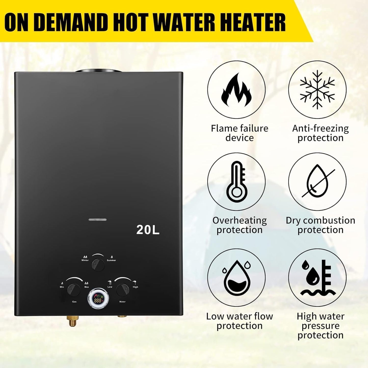 Tankless Water Heater Propane,5.26GPM 20L Outdoor Portable Water Heater,Instant Propane Water Heater with Digital Display