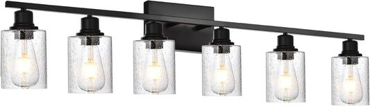 Bathroom Lights Black 6 Light Industrial Vintage Vanity Lighting with Clear Seeded Glass,Modern Bath Porch Wall Light F