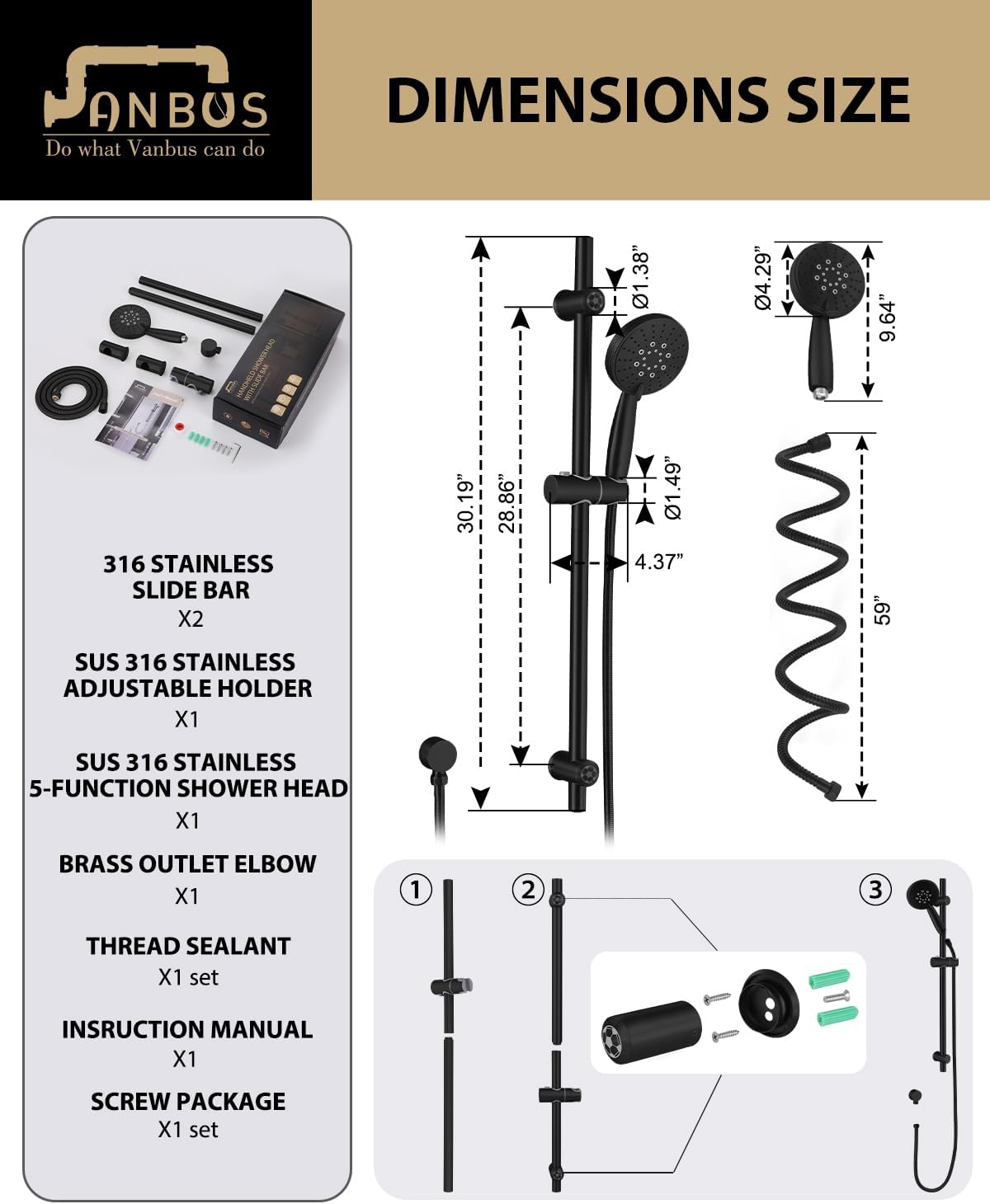 Shower Slide Bar System (metal), 5-Function Handheld Shower Head with Slide bar, 304 Stainless Steel Hose with Brass