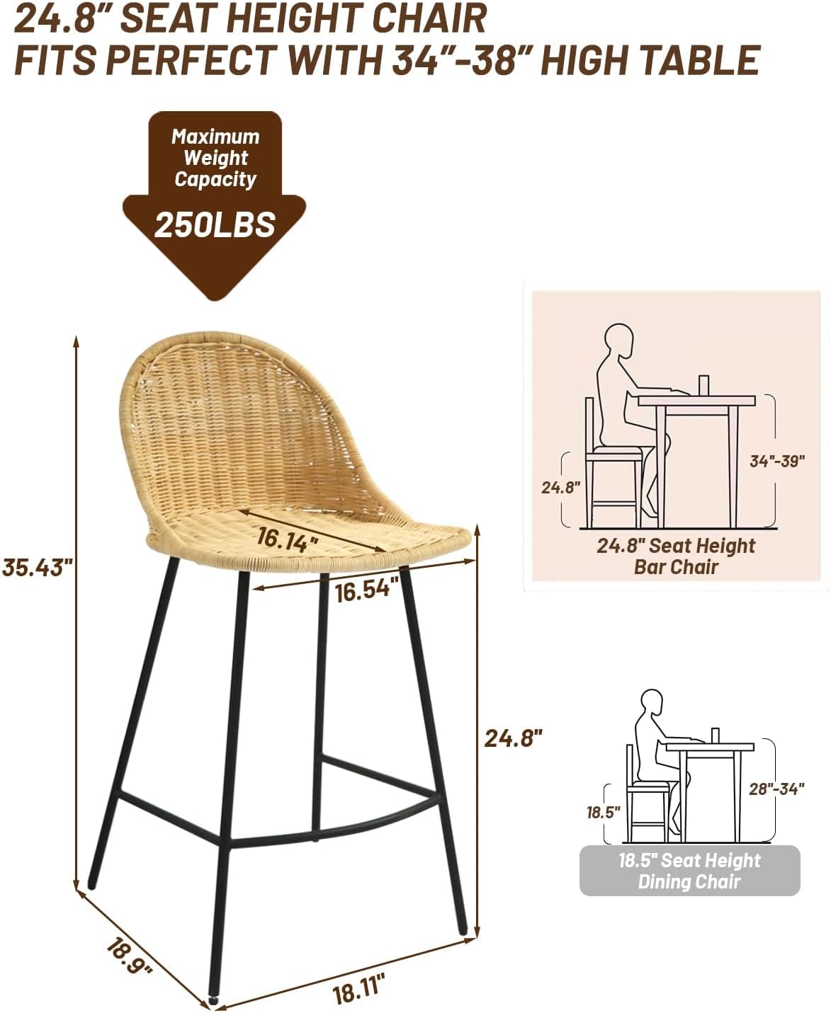 Niccae 2 Rural Style Bar Chairs, Made of Pure Hand Woven Rattan Chairs, Very Suitable for Kitchen Counters, Restaurants, and Coffee Bars Using Rattan