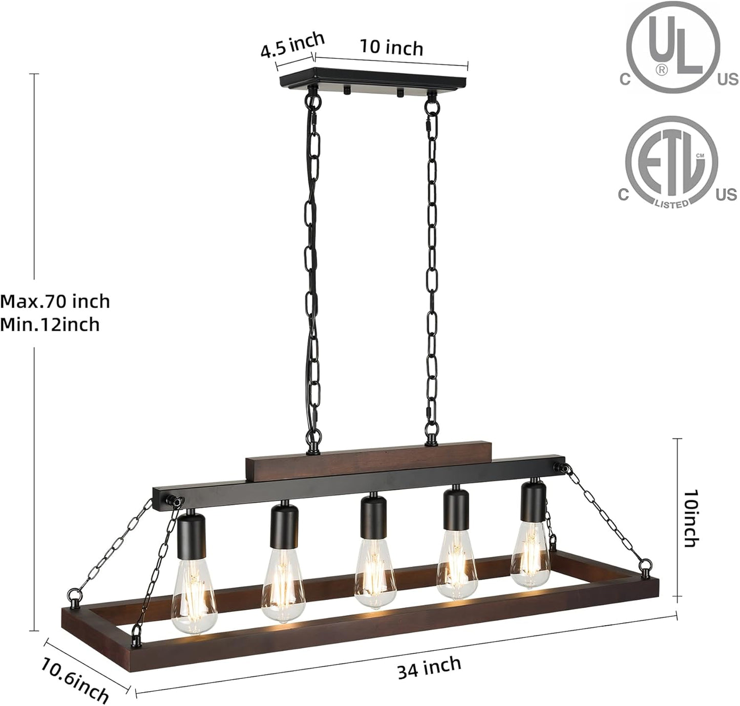 Rustic Kitchen Island/Dining Room Light Fixture Farmhouse Rectangle Wood Linear Chandelier Over Table 5-Light Black Retr