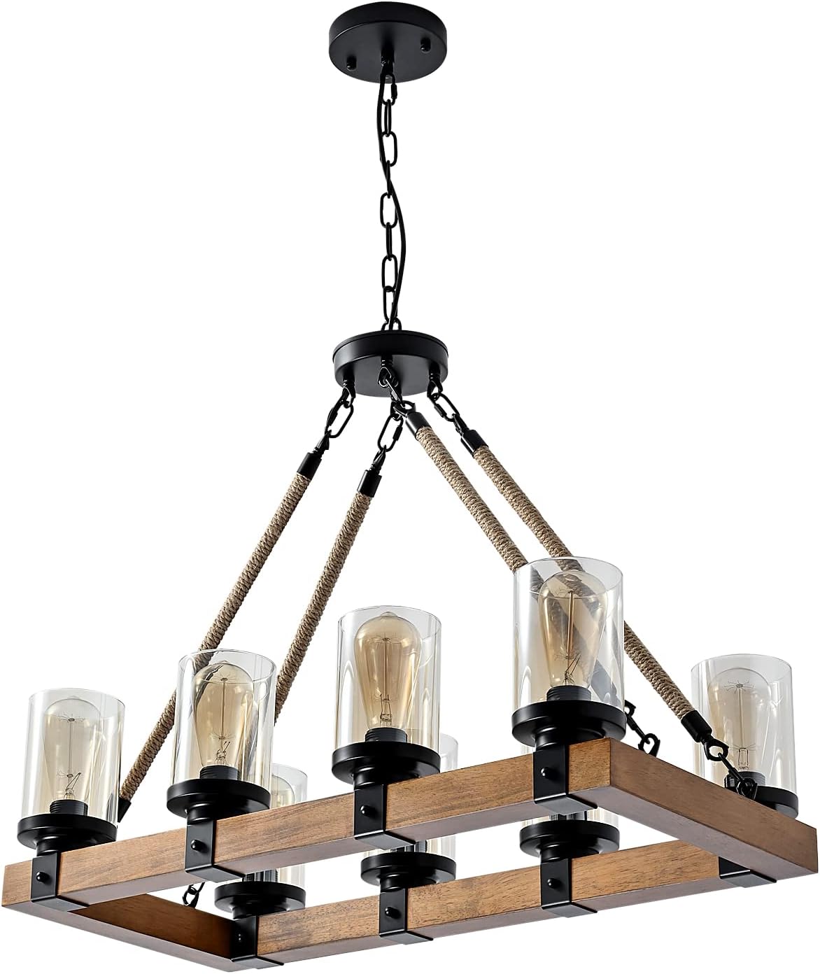 8-Light Farmhouse Chandelier Kitchen Island Light Fixture, Wood Chandeliers, Candle Pendant Light, Glass Lodge and Tavern Pendant Lighting 480W Max