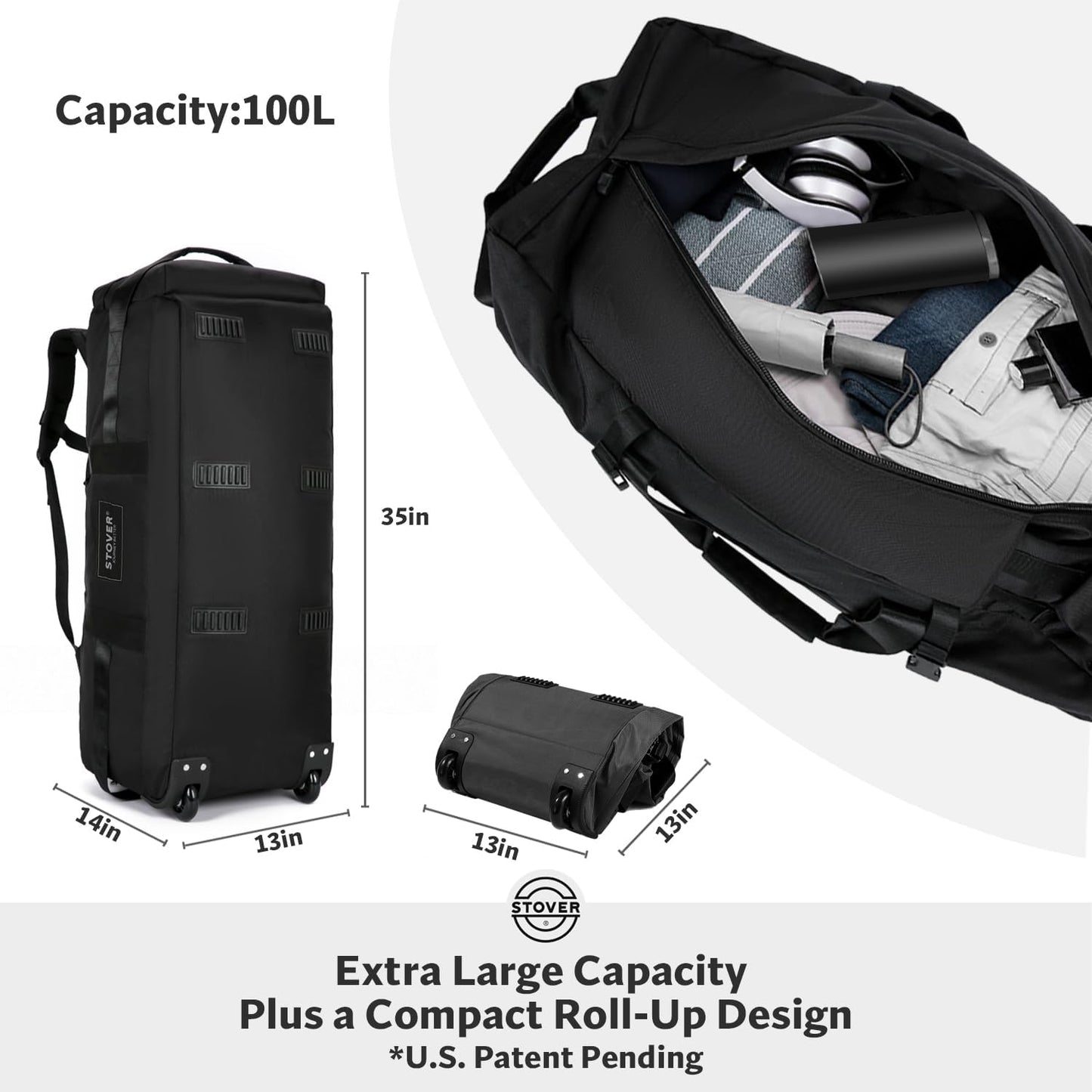 100L Rolling Duffel Bag with Wheels, X-Large 32 Inch Durable Travel Duffle Bag + Toiletry Bag