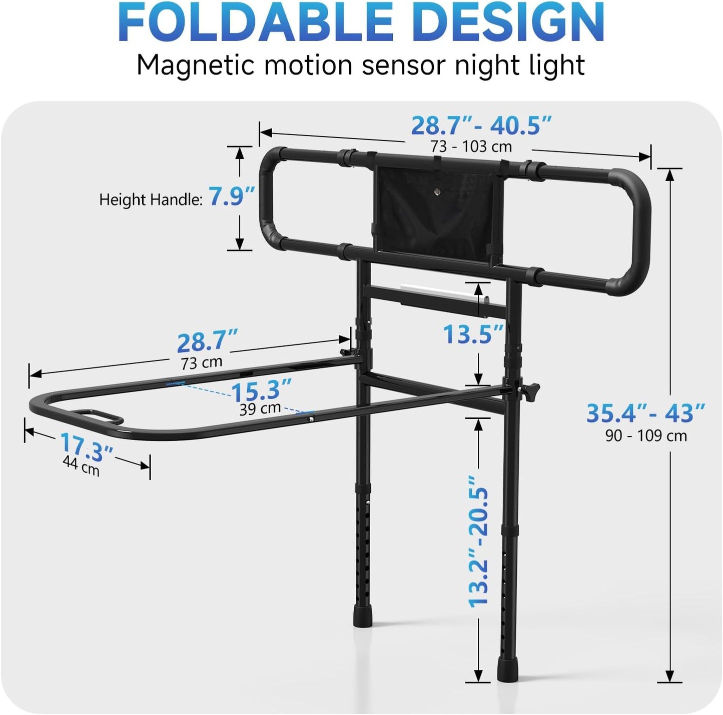 Bed Rails for Elderly Adults Safety-Adjustable Heights&Extendable Bed Side Rail with Leg,Storage Pocket,Motion Sensor Light,Foldable Bed Assist Grab