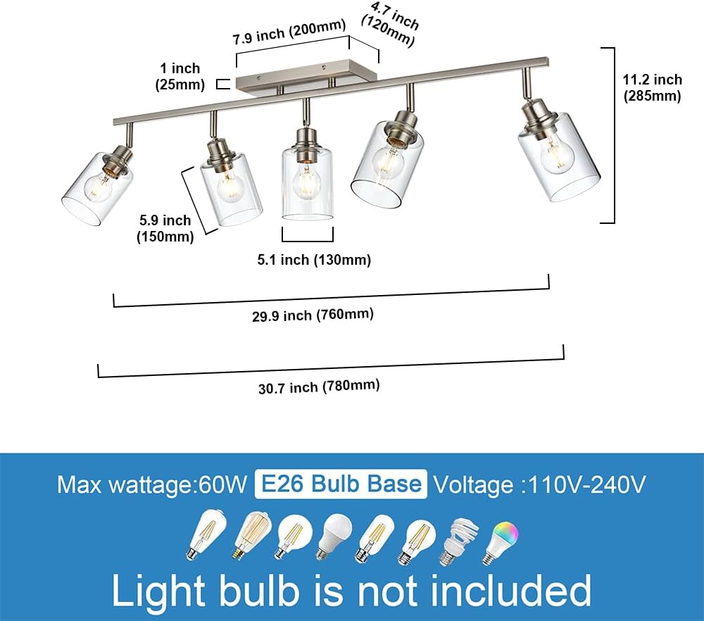 Modern Track Lighting Fixture Ceiling,5 Light Bathroom Vanity Light Brushed Nickel Track Lighting Kit Ceiling Lighting with Flexibly Rotatable Light