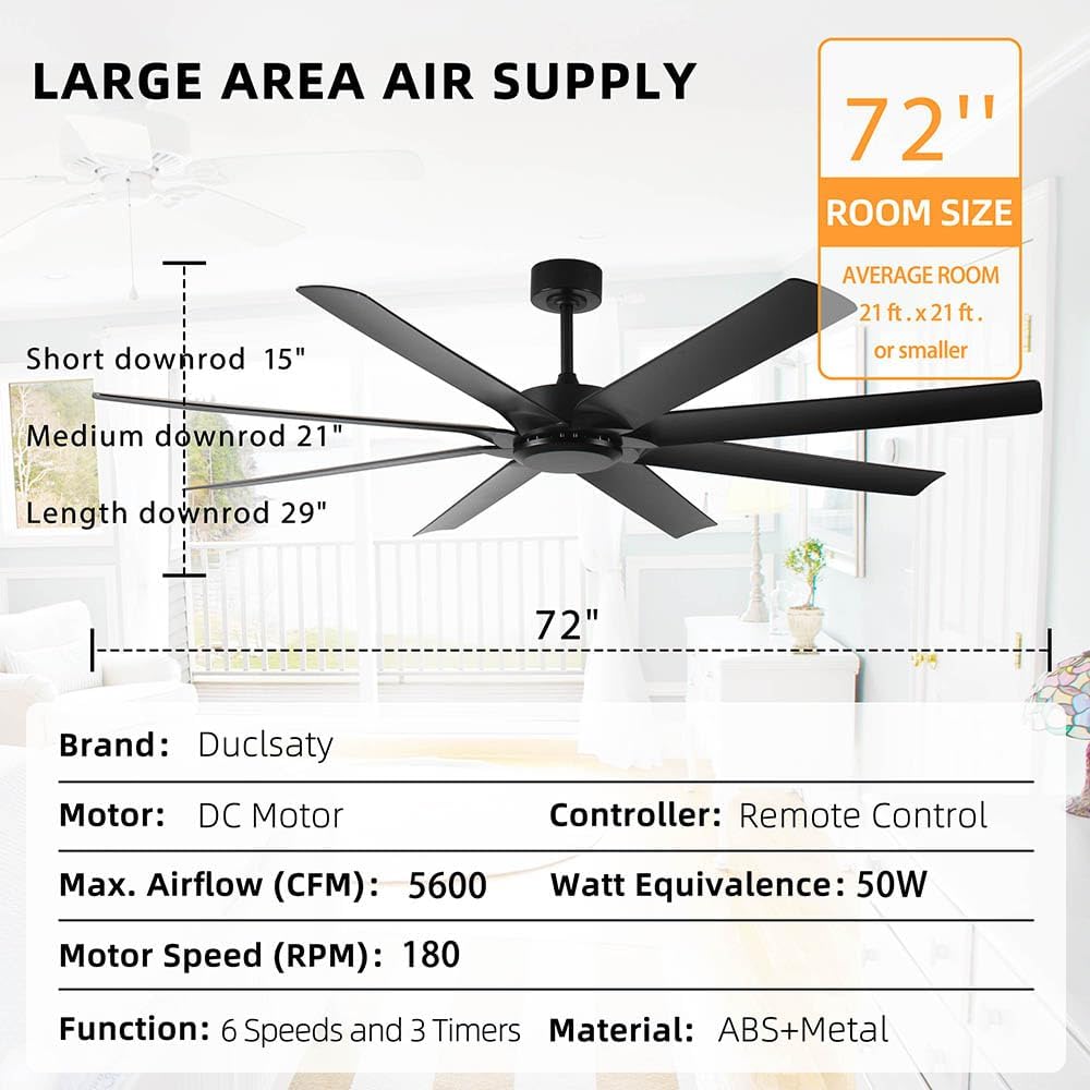 72 inch Large Ceiling Fans No light,Industrial Ceiling Fan with 8 Blades(ABS),Reversible DC Motor,Quiet Ceiling Fans with Remote control,3 Downro