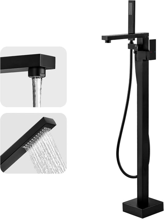 Freestanding Tub Faucet Floor Mount Tub Filler High Flow Bathtub Faucet Brass Single Handle Bathroom Tub Faucets with Handheld Shower, Matte Black