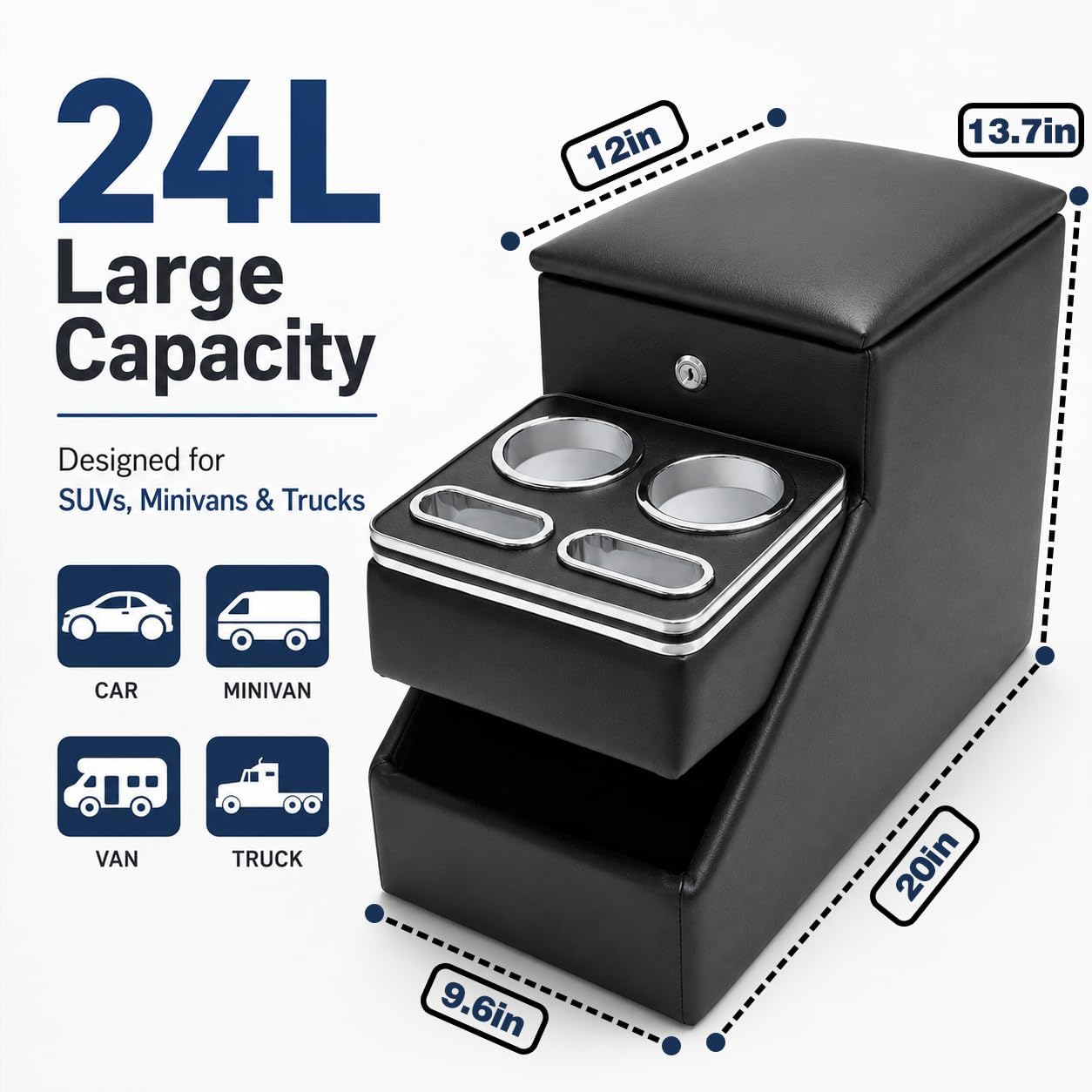 24L Center Console Between Seats for Minivans, SUVs and Trucks, Floor/Bench Seat Organizer with Locking Hidden Storage, Dual Cup Holders, Padded Armrest, Tool-Free Installation