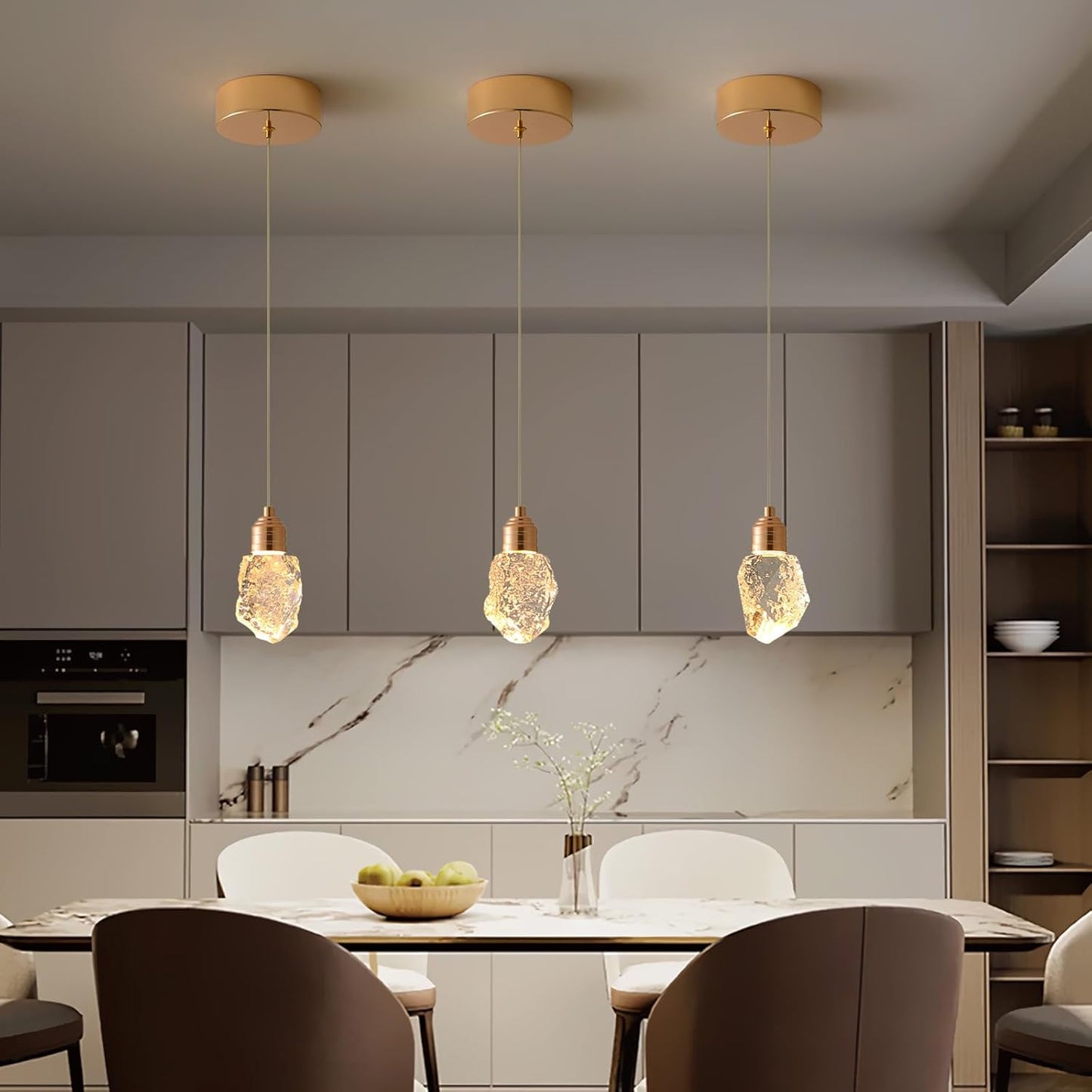 TKHKY Modern Gold Pendant Light Fixtures, Crystal Pendant Lights with 3-Color, 3 Light Pendant Lights for Kitchen Island, Restaurants, Dining Room,