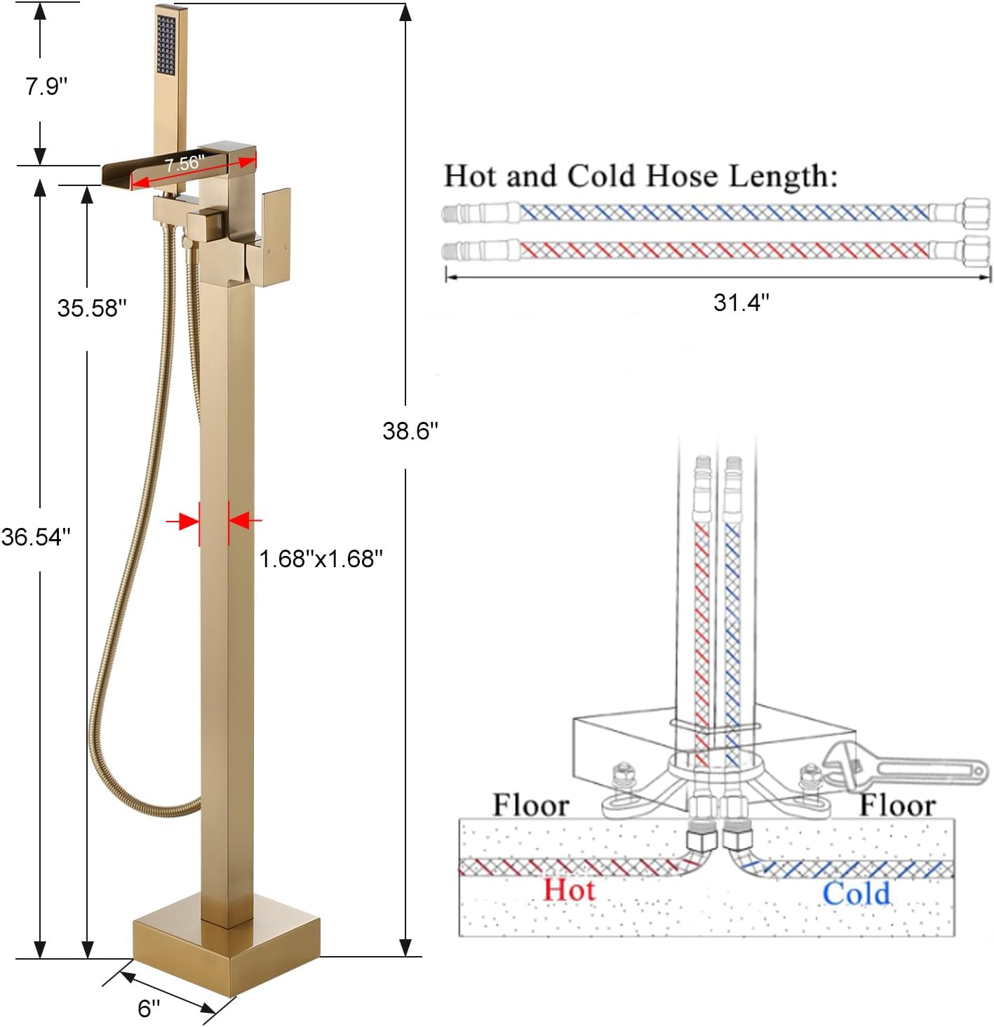 Freestanding Tub Faucet Brushed Gold: ALEASHA Free Standing Tub Filler, High Flow Max 6.74 GPM, Brass Made Floor Mount Bathtub Faucet with Handheld