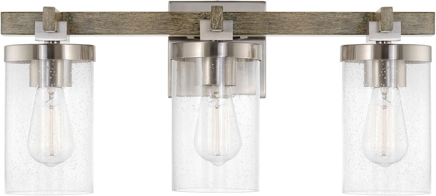 Kira Home Concord 22&#34; 3-Light Farmhouse Vanity/Bathroom Light + Seeded Cylinder Glass Shades, Reclaimed Oak Wood Style + Brushed Nickel Finish