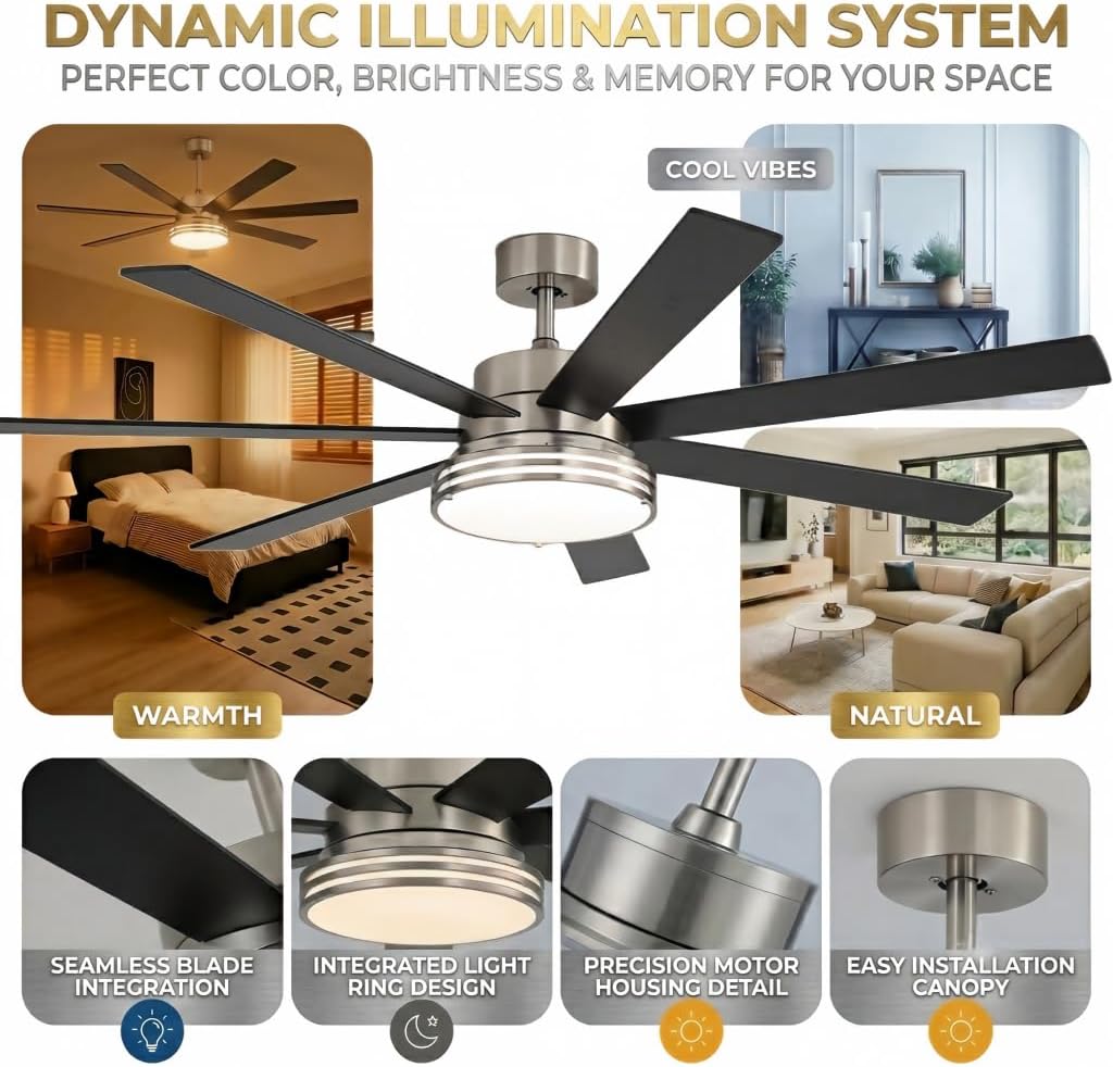 62 Inch Ceiling Fan with Light, Brushed Nickel 7 Blade Reversible DC Fan, App & Remote Control, 3 Color Dimmable LED for Large Living Spaces