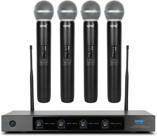 SGPRO 4-Channel Wireless Microphone System - 250Ft Range, Metal Mics & Receiver, Fixed Frequency Cordless Microphone