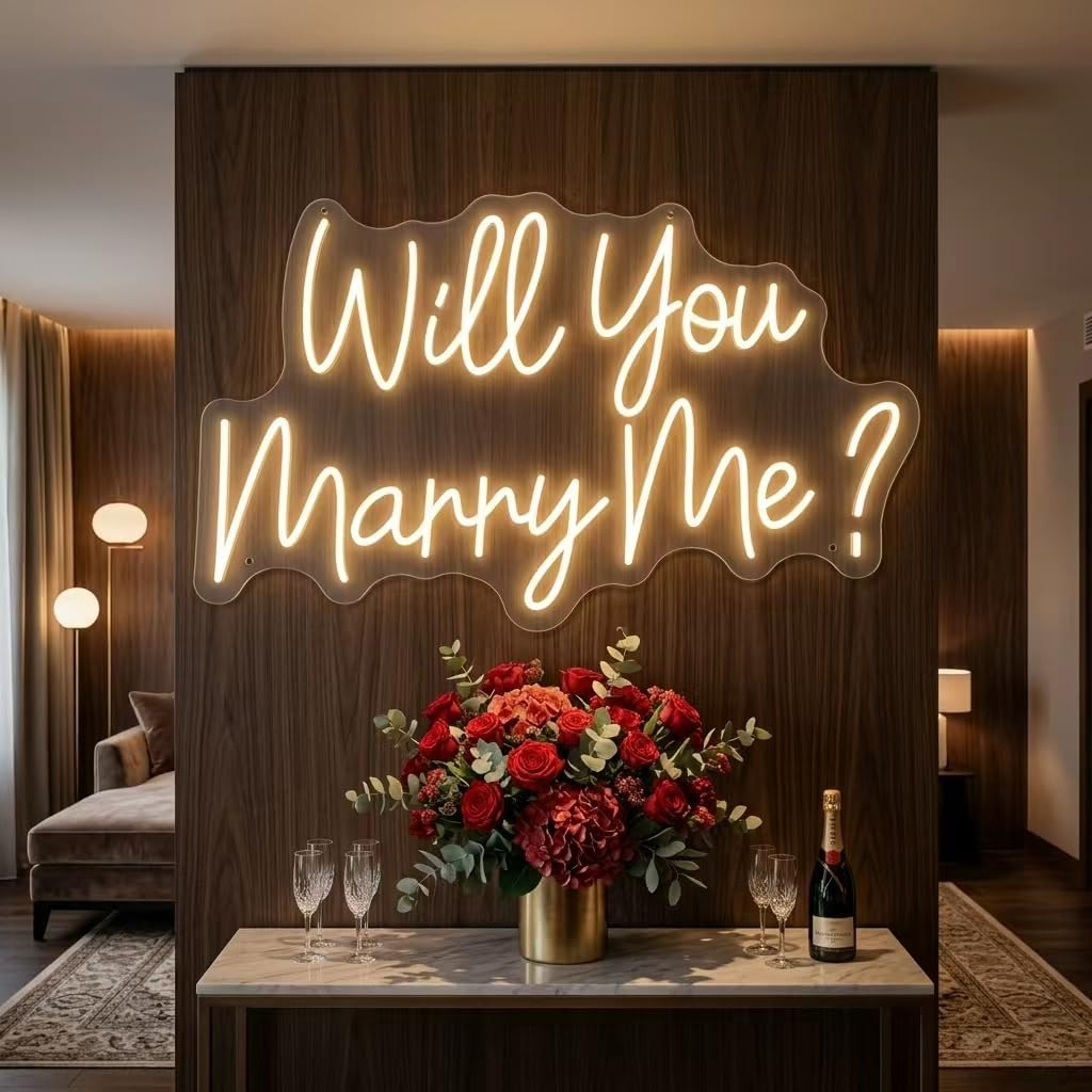 Will You Marry Me Neon Sign, 23"×14.6" Warm White LED Neon Light for Proposal Wedding Wall Decor, Adapter Powered Romantic Neon Sign