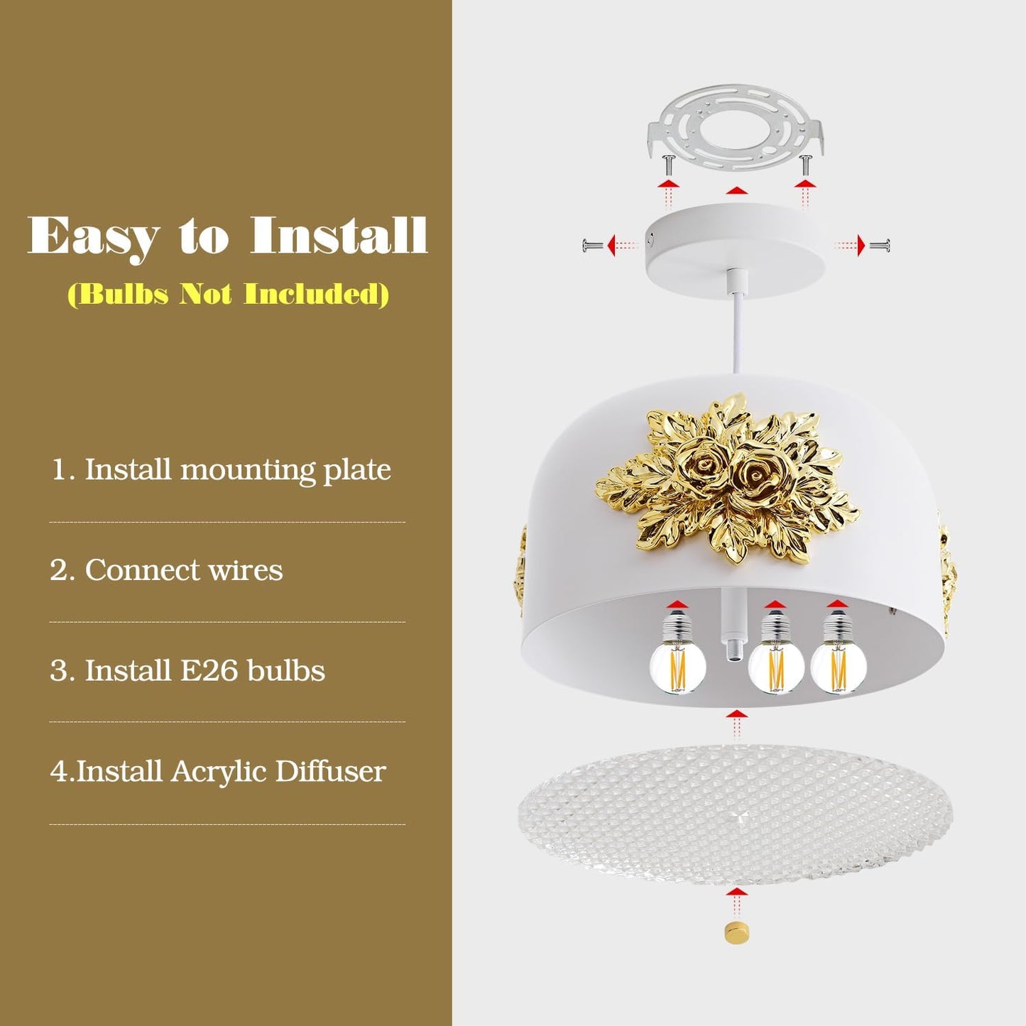 French 3-Light Gold Flower Pendant light, Elegant Floral Kitchen Island Chandelier Small Vintage Fixture 10.2 inch Art Deco Rose White drum-shaped Adjustable Hanging For Dining Room Hallway Entryway.