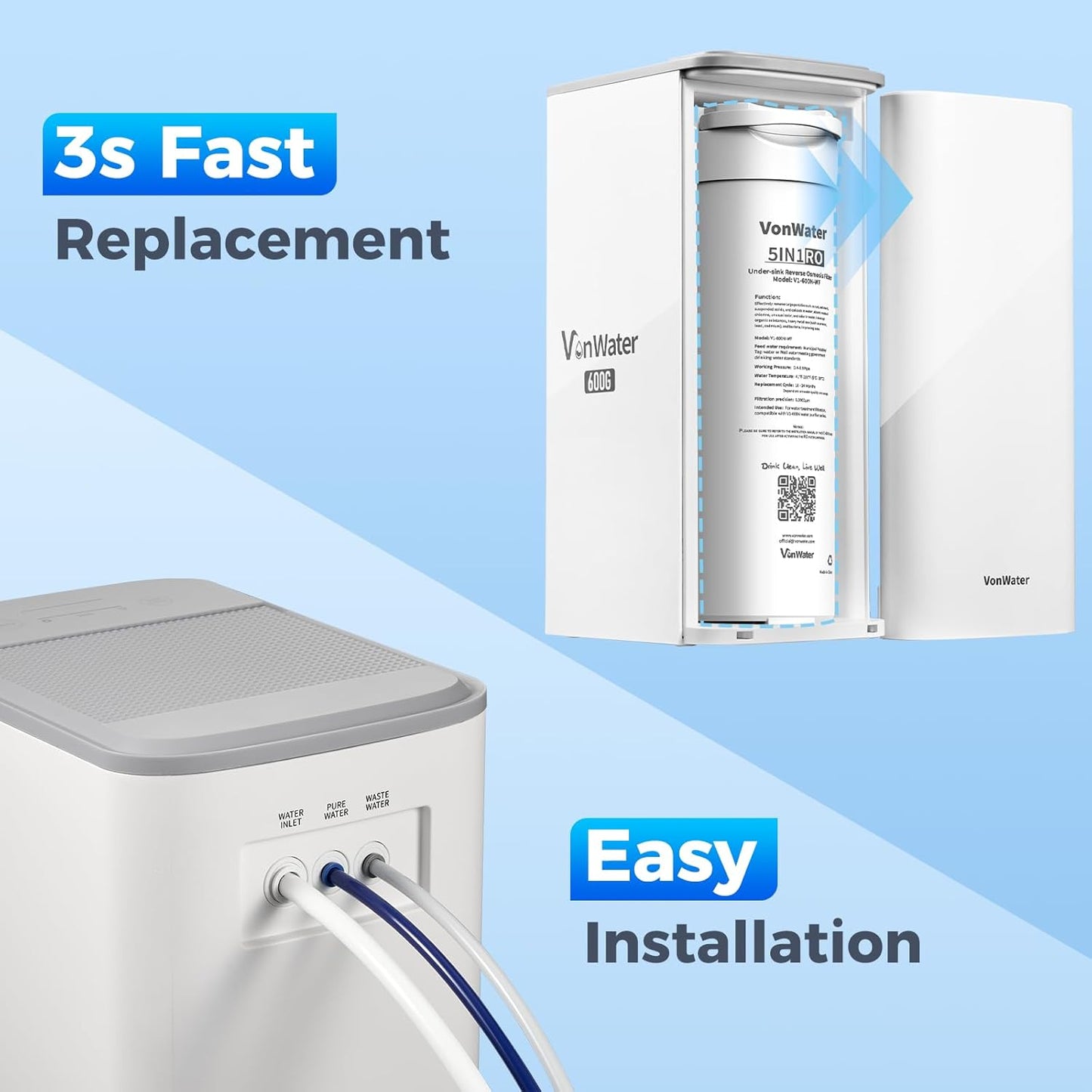 V1 Reverse Osmosis Water Filter System, 5 Stage Under Sink Reverse Osmosis Water Filter, 2:1 Pure to Drain, 600GPD Tankless RO Water Filtration