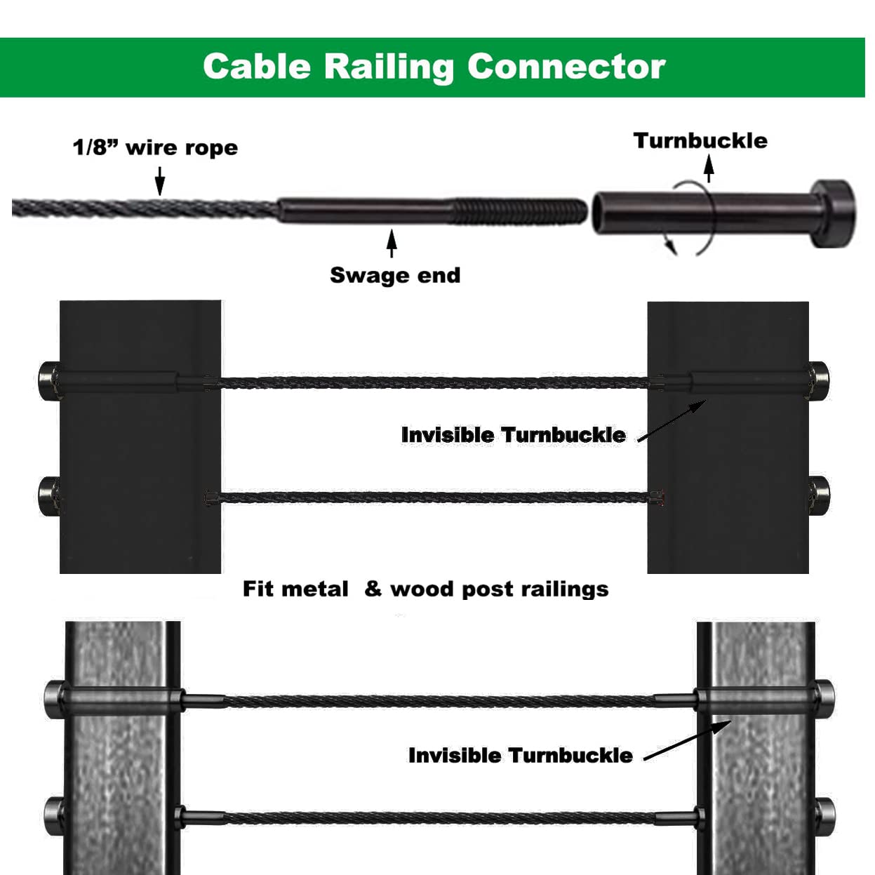 Sowtowe 1/8 Black Invisible Turnbuckle Kit,Black Cable Railing Hardware,Stainless Steel Steel Cable Railing Kit 20 Pcs,for Wood & Metal Post Cable