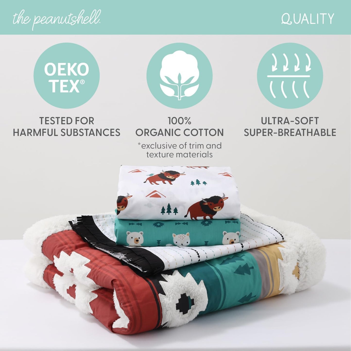 The Peanutshell Woodland Crib Bedding Set for Boys or Girls, 4pc Organic Cotton Crib Comforter Set, Western Woods, Buffalo, Fox, Bear, Deer Nursery