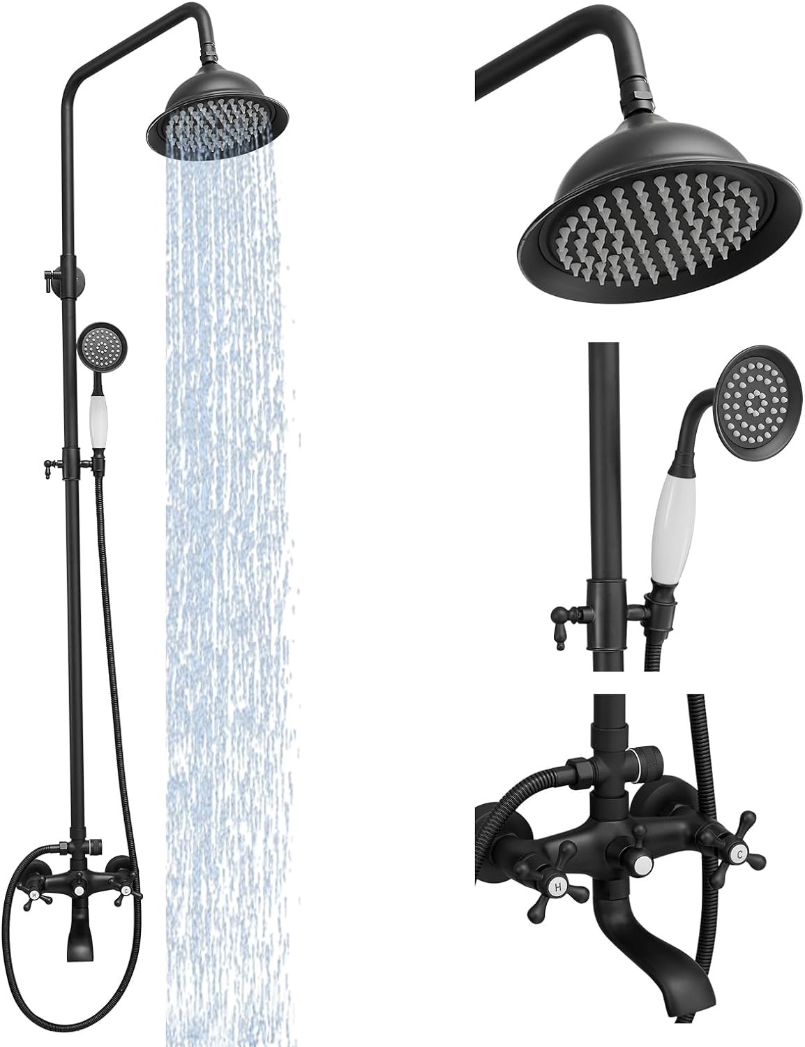 Bathfinesse Outdoor Shower Faucet Set, Exposed Pipe Shower with 3 Function Adjustable Shower Head Hand Spray and Tub Spout, Double Knobs Cross Handle