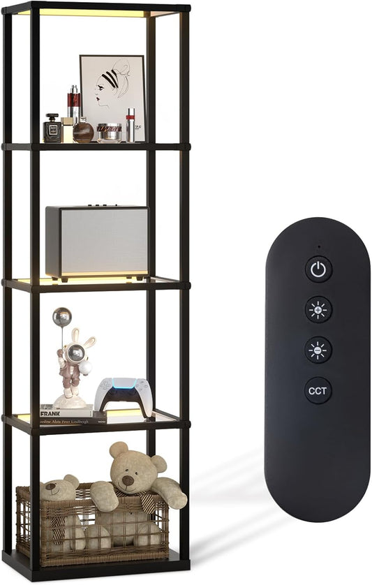 LED Display Shelf with Remote, Shelf Floor Lamps for Living Room, Corner Shelf Curio Cabinet, Dimmable Glass Cabinet for Bedroom, Adjustable Color