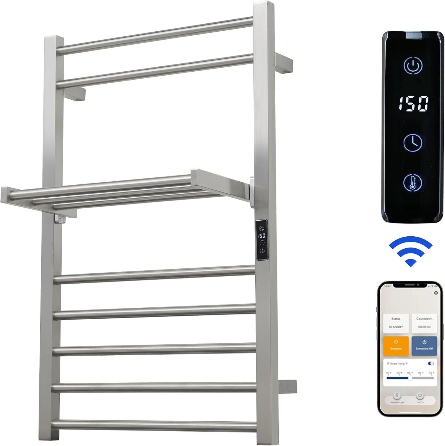 Heated Towel Warmer Rack Electric Bathroom with Voice Control Alexa & Google Home,TUYA Wall-Mounted,Stainless Steel,31.5x19.69x11.61in,Foldable Storage,Plug-in,Brushed,10 Bars 10 Bar Brushed With Wifi & Shelf