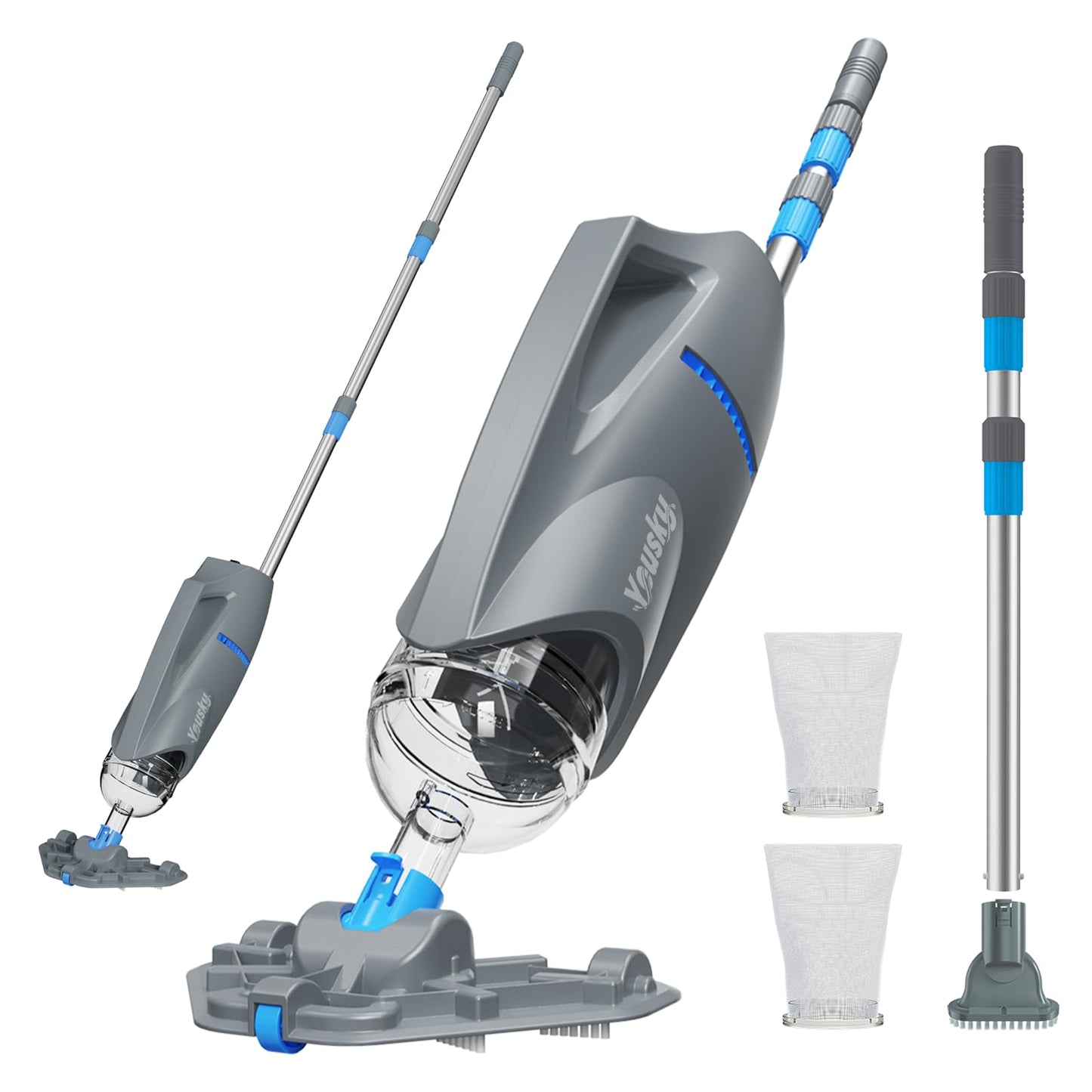 Cordless Pool Vacuum for Above Ground Pool with Telescopic Pole, 18.5 GPM Powerful Suction, Upgraded 60 Mins Runtime, Rechargeable Handheld Pool Cleaner with 2 Brush Heads for Inground Pools