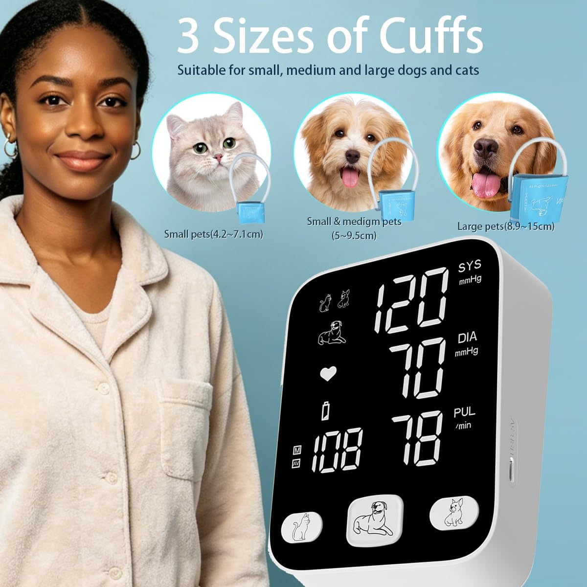 Dog Blood Pressure Monitor for Pet/Dog/Cat, Animal Automatic Digital BP Machine with Large LCD Screen Backlight 3 Cuffs 270 Data Memory Silent Black-2025pro