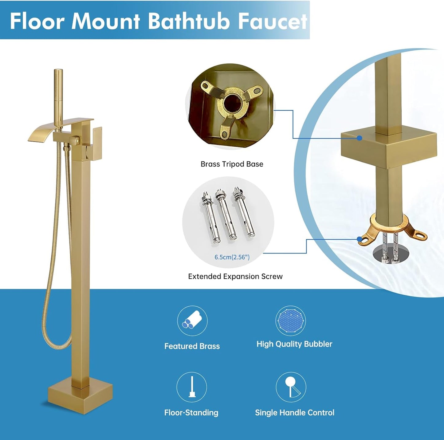 Tub Filler Freestanding Bathtub Faucet Brushed Gold Floor Mount Tub Faucet Waterfall Bathtub Filler with CUPC Certified High Flow Brass Bath Shower Fa