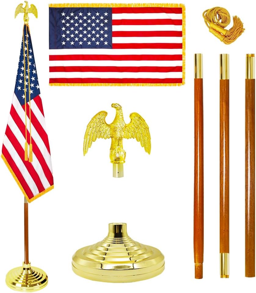 Presidential Indoor Flag Pole - Wooden 8FT Flagpole with Base, 3x5 USA Flag-Heavy Duty Water Resistant Polyester Canvas Embroidered Stars, Eagle