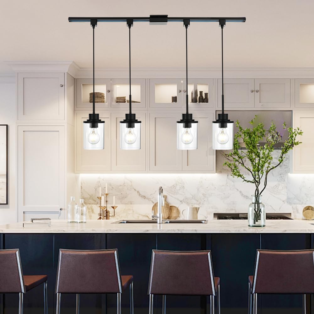 4-Lights H-Type Track Lighting Kitchen Pendant Light Dimmable Black Track Pendant Lighting Fixtures with Clear Glass Shades, Overall Height Approxima