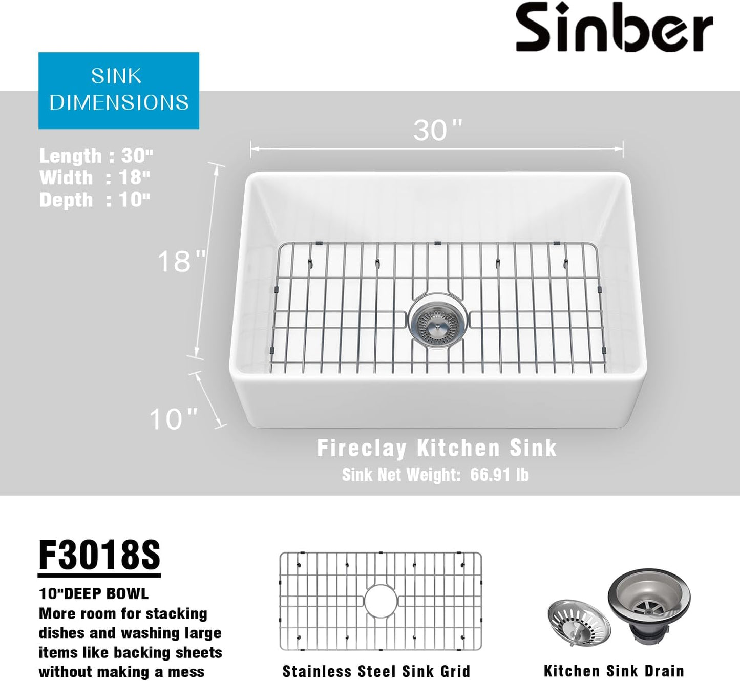 Sinber 30 Inch Farmhouse Apron Single Bowl Kitchen Sink with Fireclay White Finish 2 Accessories F3018S-OLA