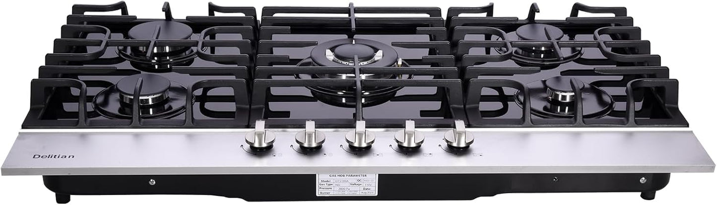 36 Inch Gas Cooktop DT5189A Tempered Glass Built-in Gas Stovetop, 5 High Efficiency Burners LPG/NG Convertible Gas Stove Top Dual Fuel Gas Hob