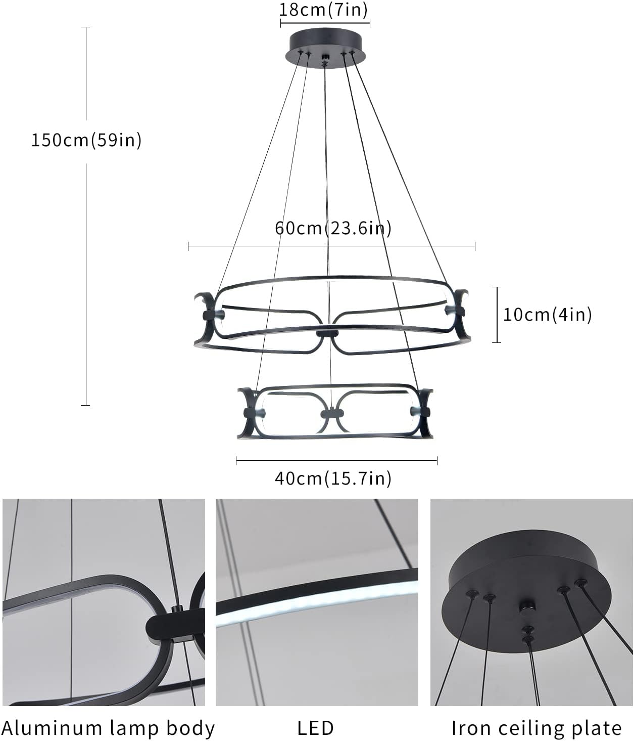 LED Chandeliers Dining Room Pendant Lighting Fixture 80W LED Modern Black Chandelier for Bedroom Kitchen Island Resturant Entryway 6000K Cool White 2