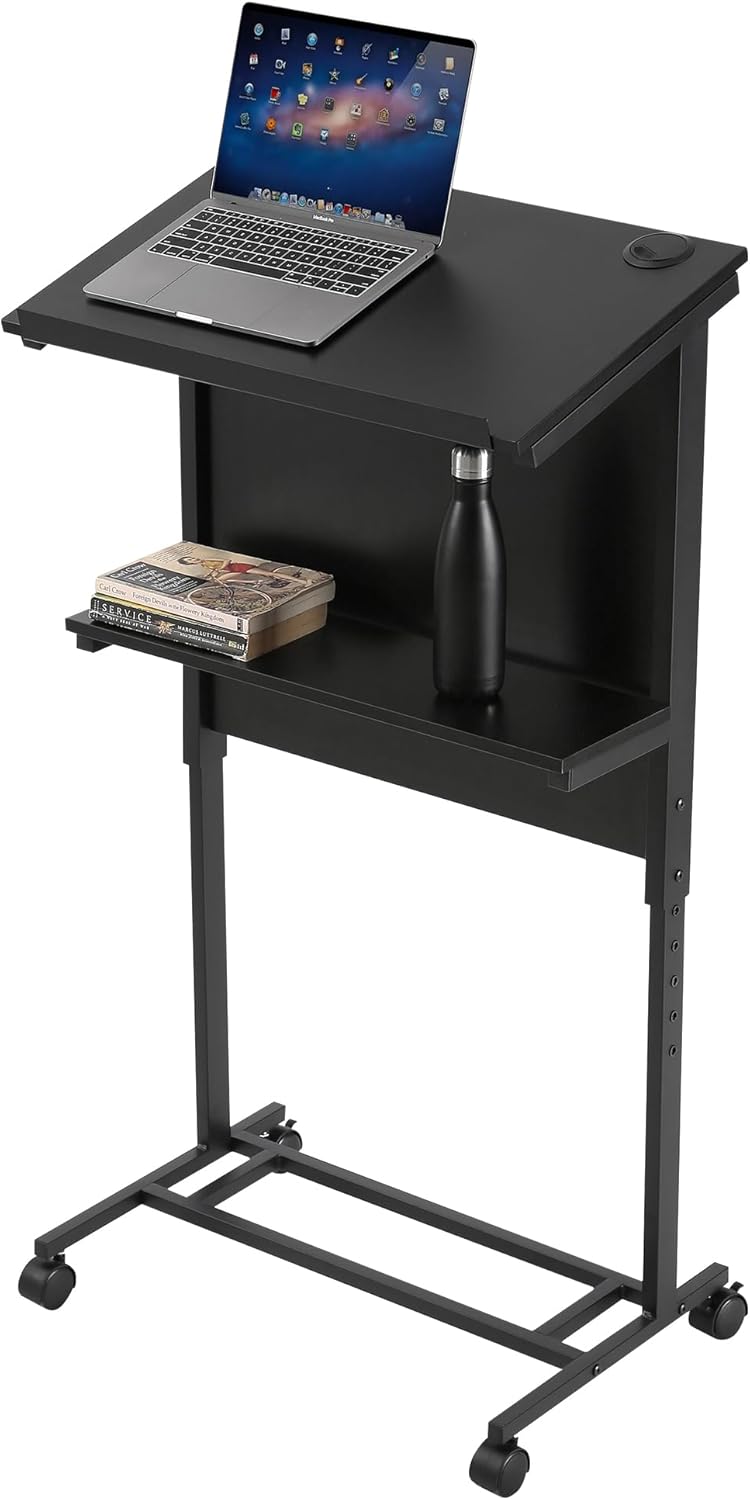 Houseables Rolling Podium Stand, Portable Podium with Wheels, 41- 47 Adjustable Height, Black, Wood, Metal, Lectern, Teacher Podium for Classroom,