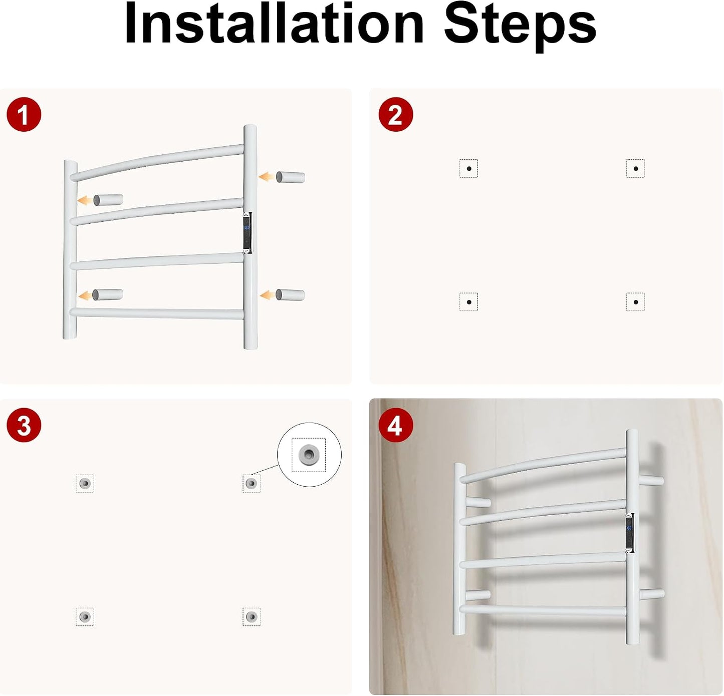 Towel Warmer with Built-in Timer Bathroom Wall Mounted Bath Towel Heater Plug-in Electric Heated Towel Rack Stainless Steel Curved Round Oil Rubbed Drying Rack 16.54x23.62x5.51 inches White 4 Bar Round Bright White With Timer