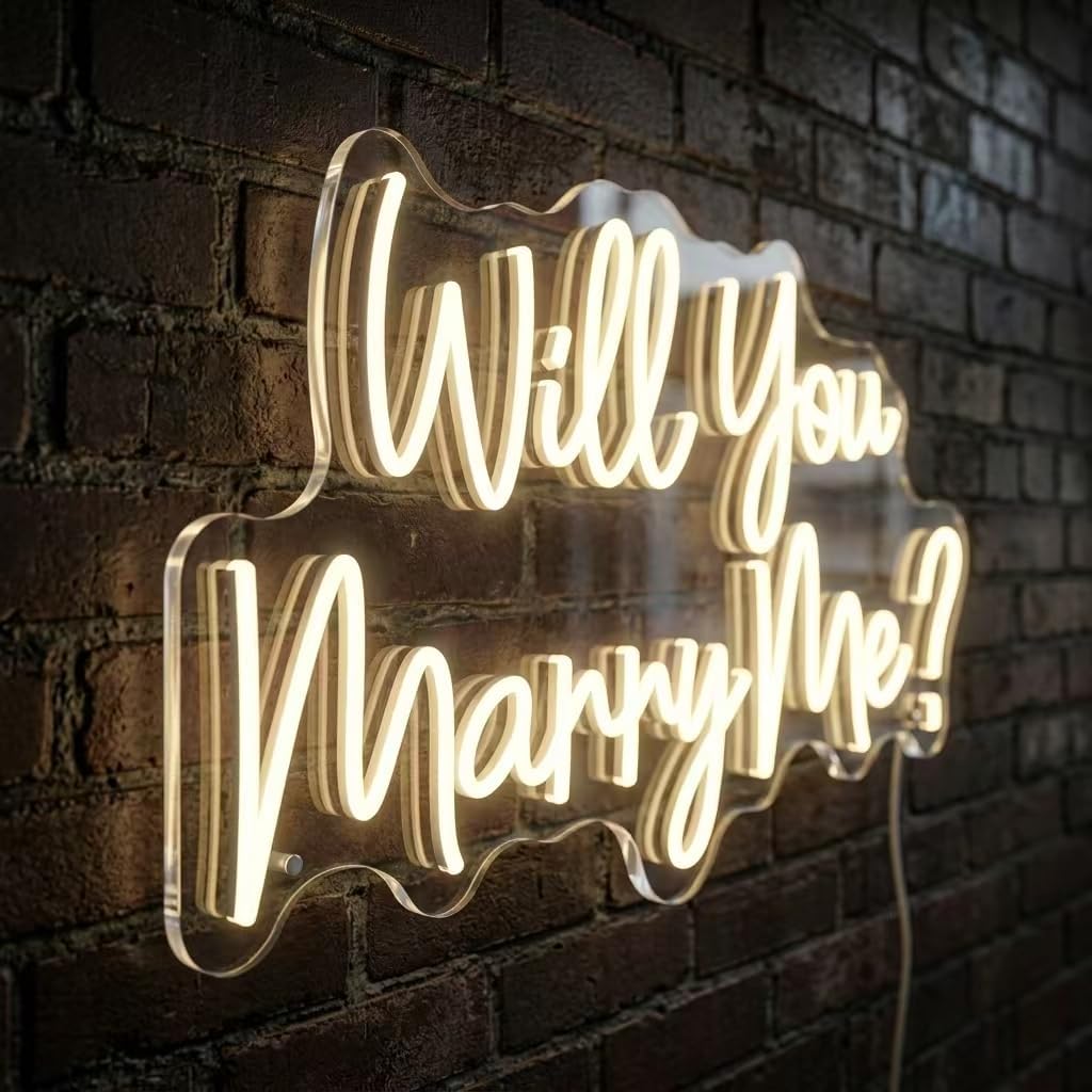 Will You Marry Me Neon Sign, 23"×14.6" Warm White LED Neon Light for Proposal Wedding Wall Decor, Adapter Powered Romantic Neon Sign