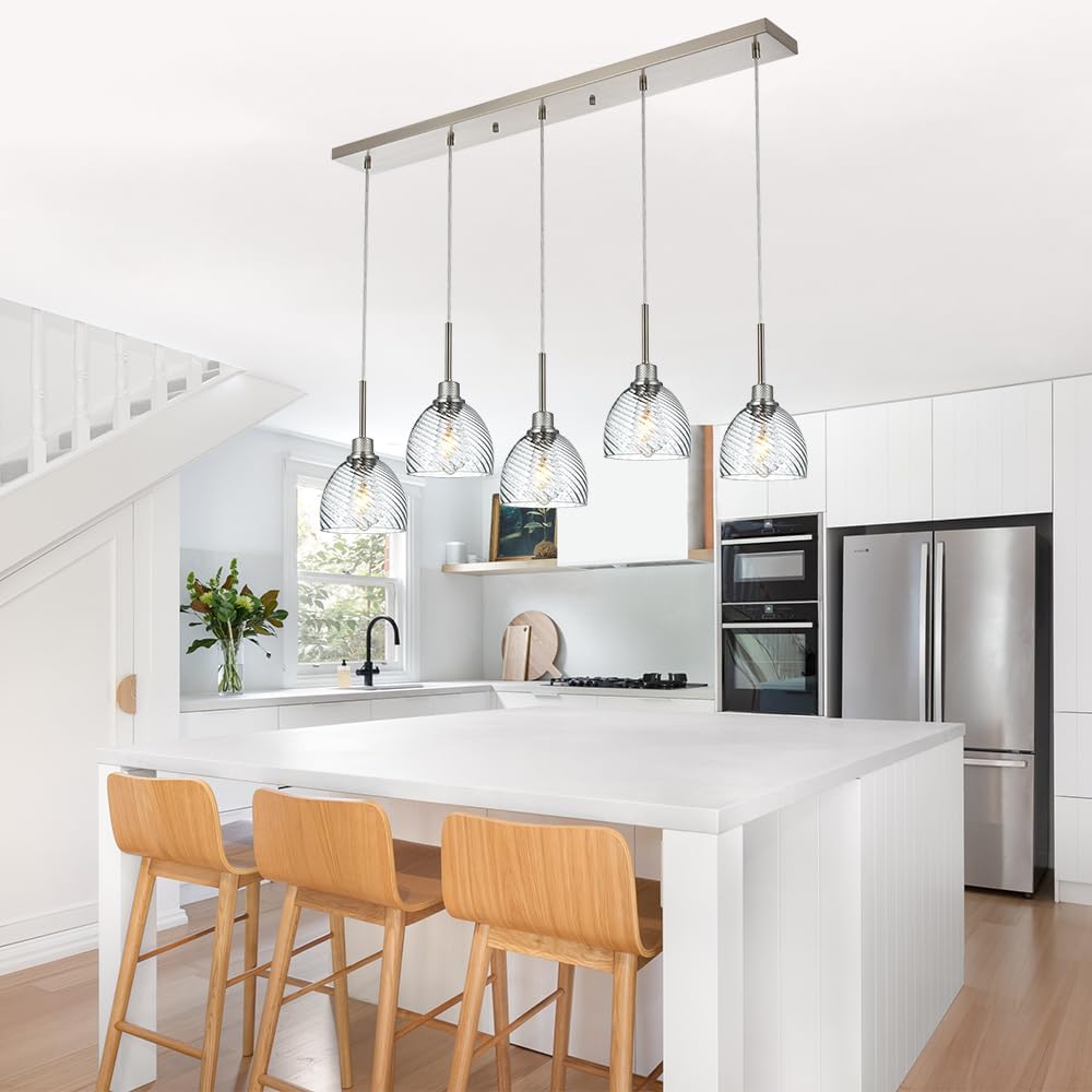 TODOLUZ 5-Lights Pendant Light Fixtures in Brushed Nickel, Modern Linear Chandelier with Clear Striped Glass Shades, Kitchen Island Lighting for