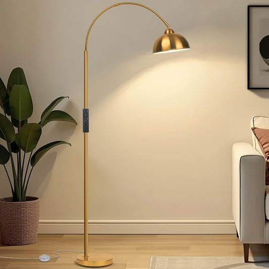 Modern Arc Floor Lamp with Remote Control, Gold, 12W, Stepless Dimmable Arched Standing Lamp, Adjustable Metal Hanging Shade, Tall Over the Couch Pole Light for Living Room, Bedroom, Office(Gold)